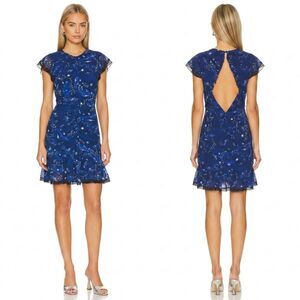 Three Floor Afterglow Blue Celestial Star Print Ruched Ruffle Mini Dress 10